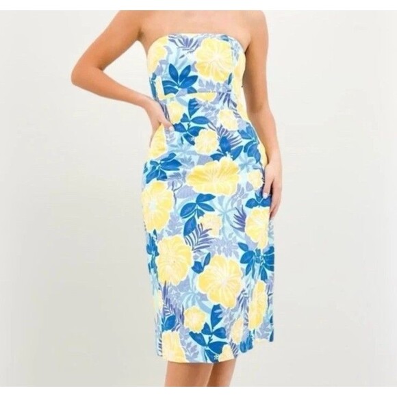Vintage Lilly Pulitzer Tropical Blue Yellow White Sabrina Strapless Dress Size 6 - Picture 1 of 6